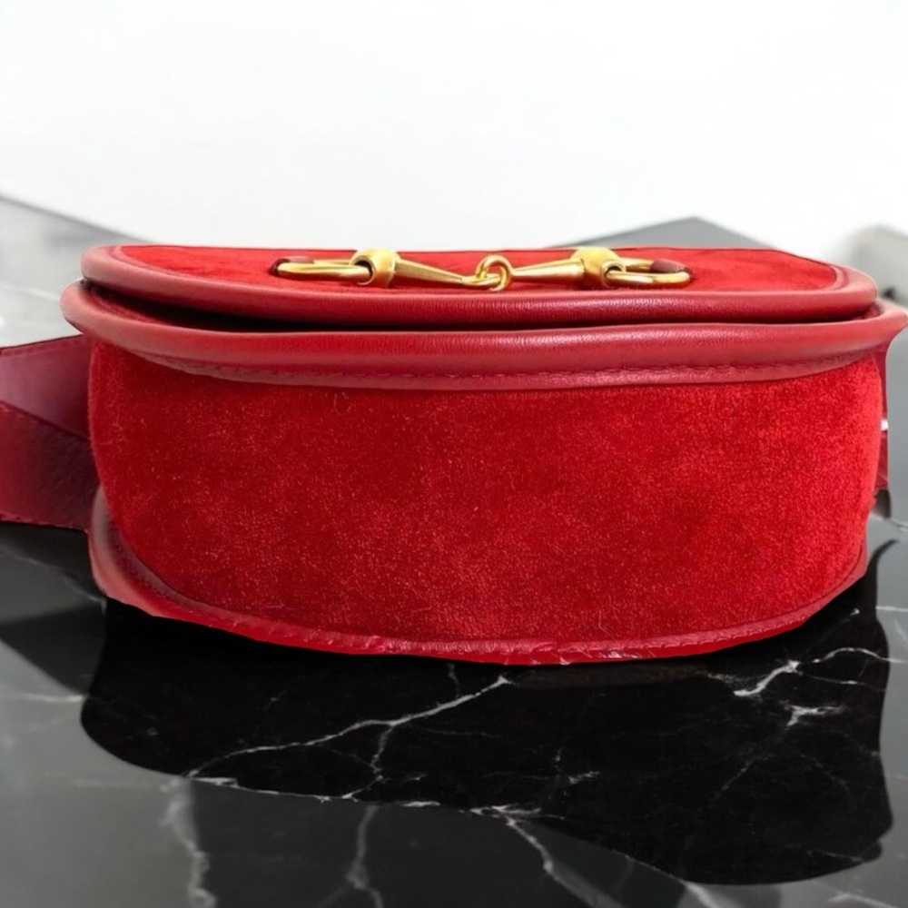 Gucci Horsebit Suede Waist Bag Mini Saddle Clutch Leather Red Gold Vintage COA - Picture 2 of 16